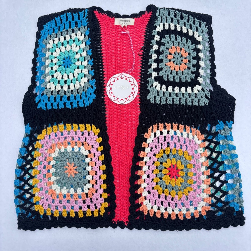 Umgee USA Crochet Granny Square Vest Boho Multi-Color Pink Black Small New